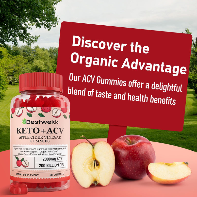Apple Cider Vinegar Gummies, 120 ACV Gummies - Detox, Digestion, Gut Health | Max Strength 2000mg Keto ACV Gummy with Probiotics, B12 and Keto Support, For Digestion, Metabolism, Gelatin-Free 60 Count (Pack of 2)