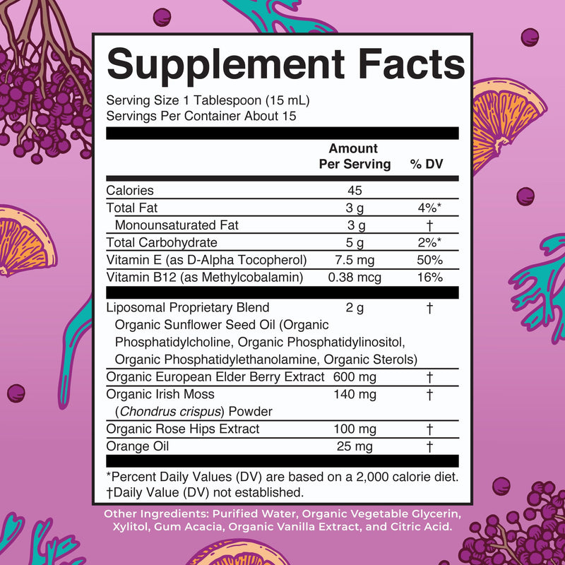 MARYRUTH'S Sea Moss + Immune & Energy Liposomal 140mg Irish Sea, 7.6 oz | 140mg Irish Sea Moss, Vitamin B12, Vitamin E, Elderberry, Rose Hip Oil, Orange Oil