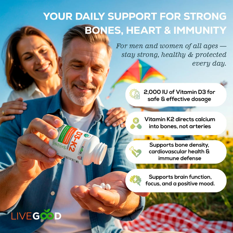 LiveGood Vitamin D3 K2 2000 IU, Organic Vegan D3 K2 Supplement with MK-7 | Organic, Vegan, MK-7, Immune & Bone Support, 60 Capsules, Non-GMO, Made in USA, No Fillers, Daily Wellness Formula