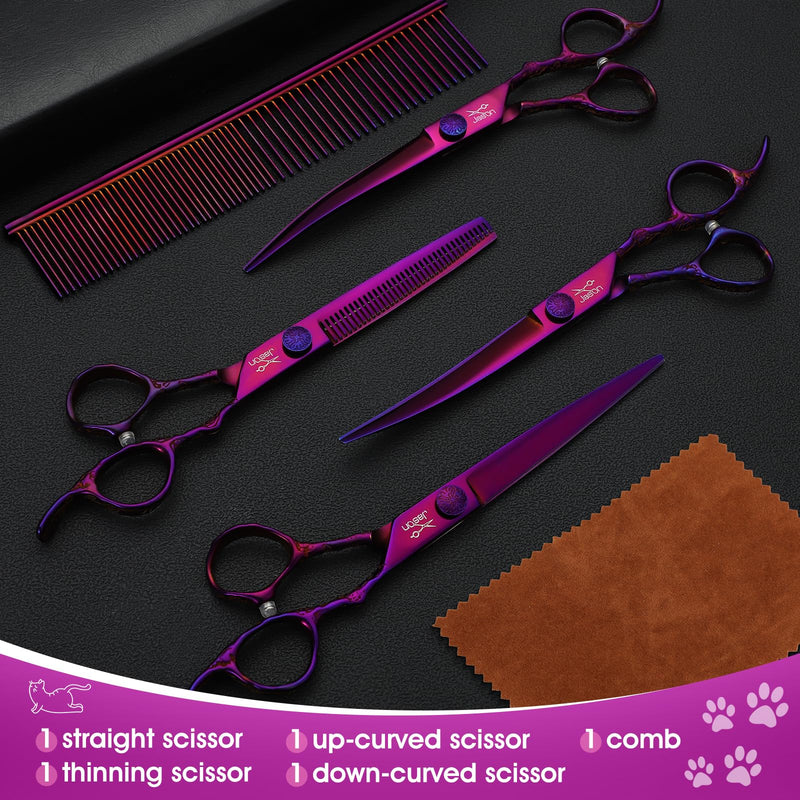 JASON Professional Dog Scissors Set - 6 in 1 Dog Scissors Set, Straight/Curved/Chunker Scissors and Comb for Dog Cat Pet with Adjustable Screw, Purple - BeesActive Australia