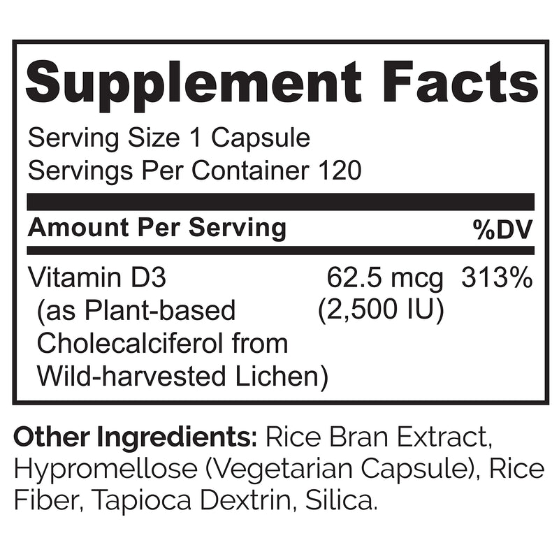 NATURELO Vitamin D3 2500 IU, Joint Support & Bone Health, 120 Count | Vegan D3 Supplement, Vitamin D Supplements for Immune System, Plant-Based Capsules, Non-GMO, Gluten Free Unflavored 120 Count (Pack of 1)