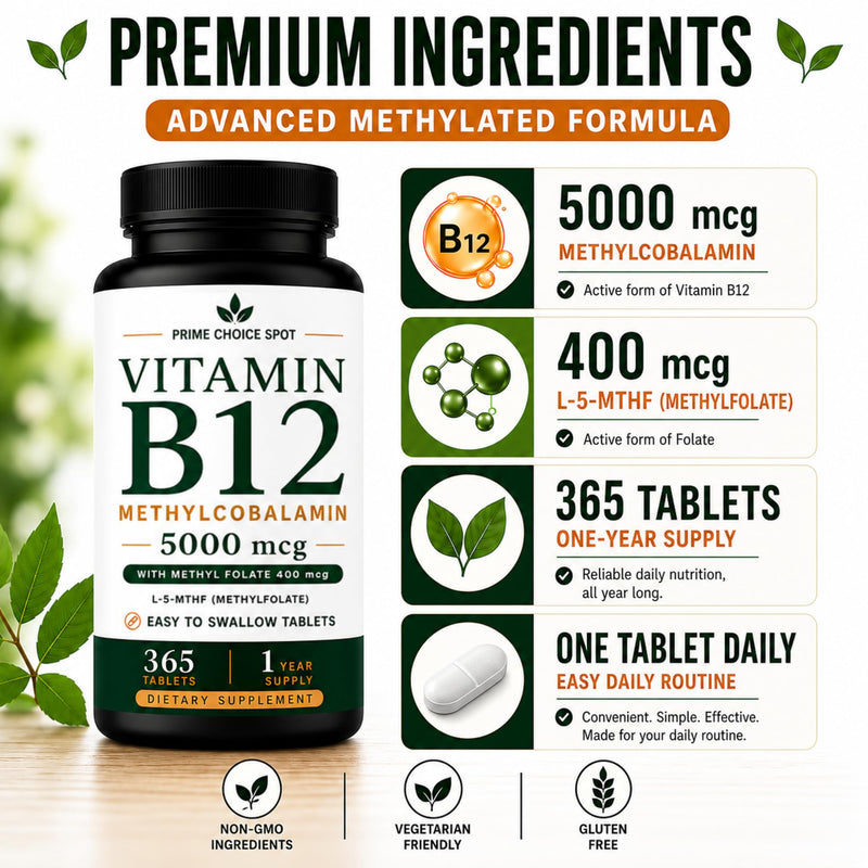 Vitamin B12 5000mcg with Methyl Folate, Methylcobalamin, 365 Tablets | 5000mcg Methylcobalamin + 400mcg L-5-MTHF • One Daily Tablet • Non-GMO • Vegetarian