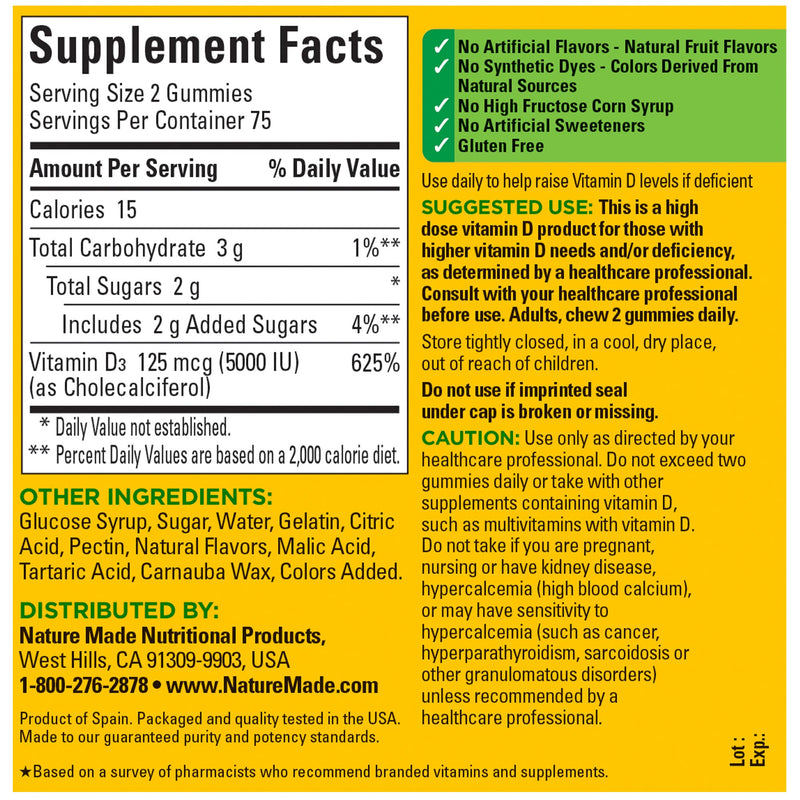 Nature Made Extra Strength Vitamin D3 5000 IU (125 mcg) per serving, Dietary Supplement for Bone, Teeth, Muscle and Immune Health Support, 150 Gummies, 75 Day Supply Strawberry, Peach, Mango 150 Count (Pack of 1) - BeesActive Australia