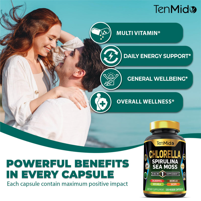 Chlorella Supplement for Men and Women - 7in1 Formula with Spirulina, Sea Moss, Chlorophyll, Gotu Kola, Boswellia & Bacopa - Immune Support - Rich in Nutrient, Vitamins - 120 Capsules