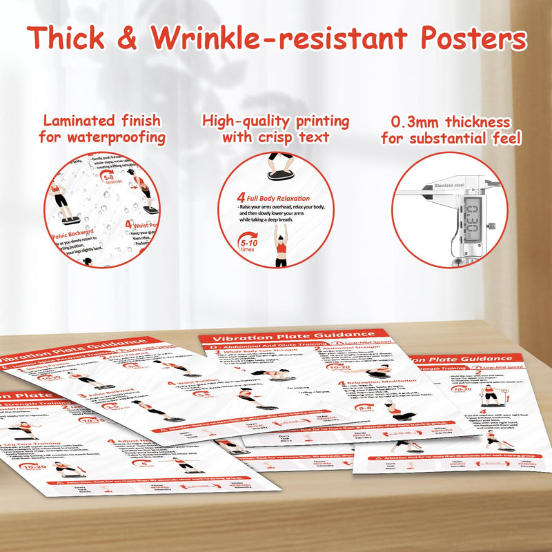 Vibration Plate Exercise Machine Workout Chart Posters - 6 Laminated Wall Fitness Guide & 2 Reusable Planner & 1 Erasable Pen, Suitable for Home Gym Whole Body Training
