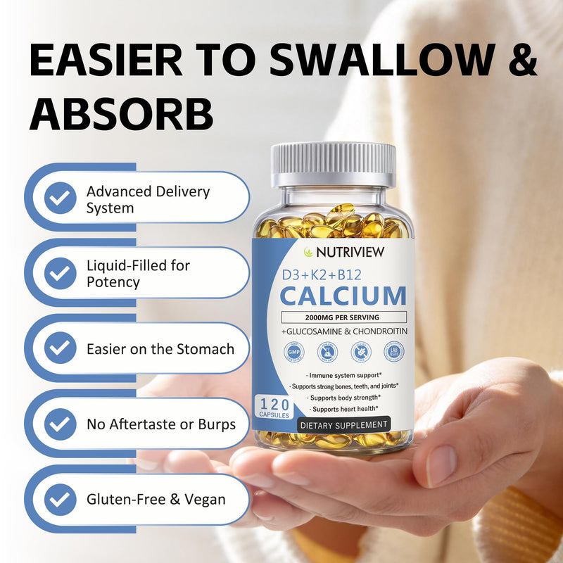 Nutriview Calcio 2000 mg with D3, K2, B12 & Glucosamine, 120 Count | Calcium formula with D3, K2, B12, and glucosamine for adults, designed for a simple daily mineral routine
