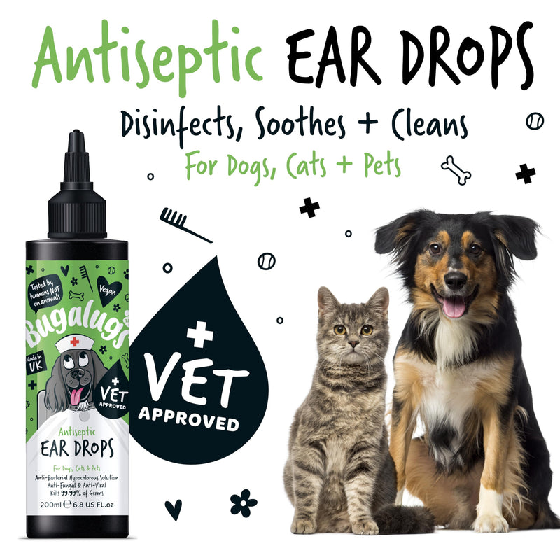 BUGALUGS Antiseptic Ear Drops 200ml – Ear Disinfection, Kills bacteria, Stops Odours, Scratching & Discomfort, Anti-fungal (Yeast), Veterinary-grade, for Dogs, Cats & all other animals Dog 200ml