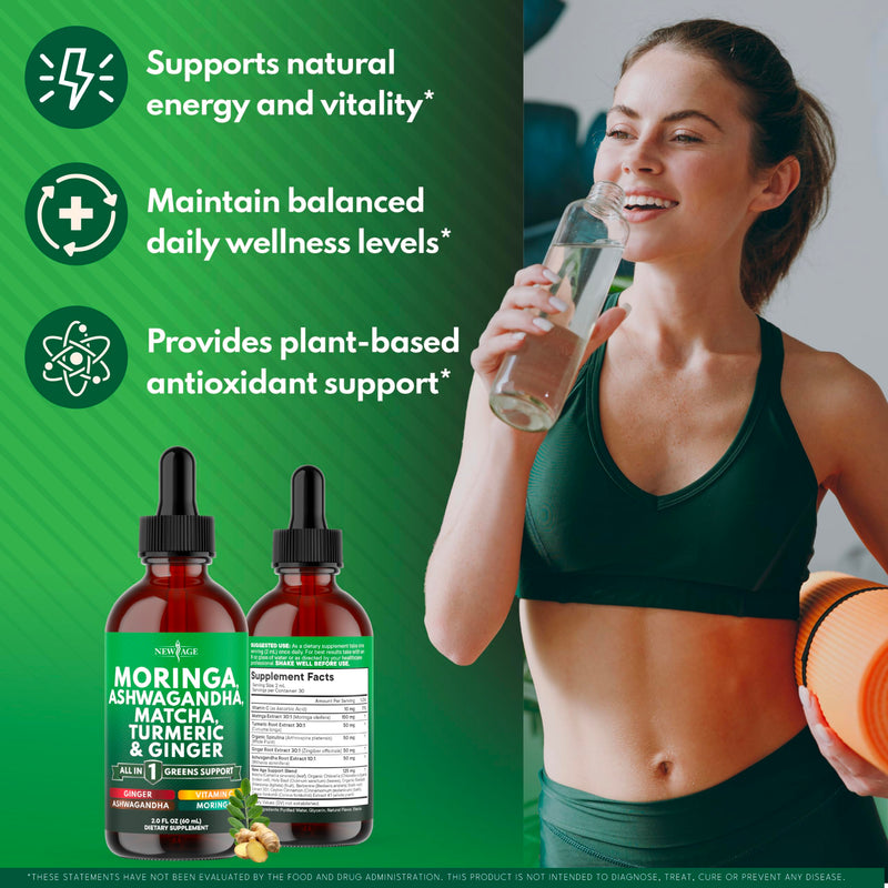 Moringa Supplement Drops - Ashwagandha, Spirulina, Chlorella, Turmeric & Ginger Liquid Barley Grass with Chlorophyll, Matcha, Algae, Vitamin C Antioxidant, Holy Basil, Ceylon Cinnamon - 2fl Oz 2 Fl Oz (Pack of 1)