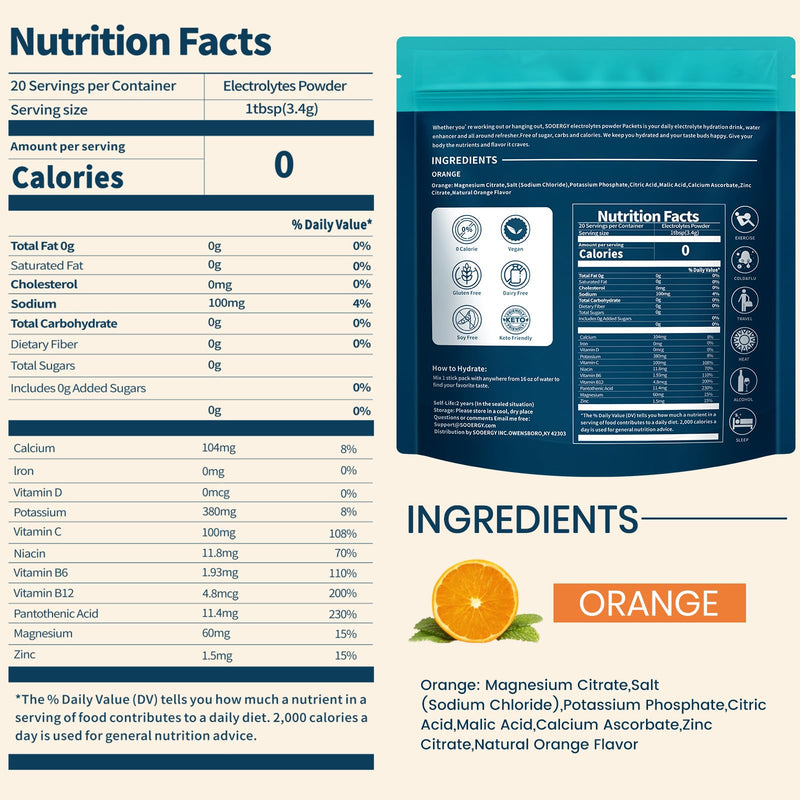 Electrolytes Powder Packets Sugar Free Hydration Packets, Liquid Daily IV Electrolyte Drink Mixex for Rehydration with Electrolytes, Vitamins, 0 Calorie, Orange Flavor, 20 Sticks 20 Servings (Pack of 1)