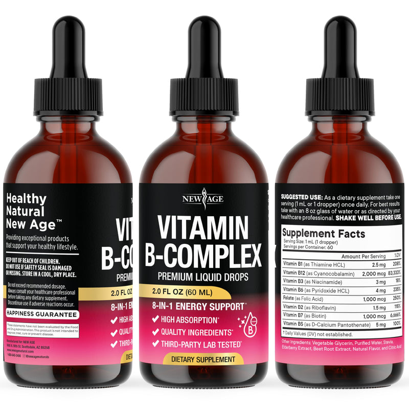 NEW AGE Vitamin B-Complex B5 Pantothenic Acid | B12 Methylcobalamin | B1 Thiamine | B6 Pyridoxine | B7 Biotin | B9 Folic | B3 Niacinamide - B Complex Liquid Drops, Made in USA Supplement - 2fl oz 2 Fl Oz (Pack of 1)