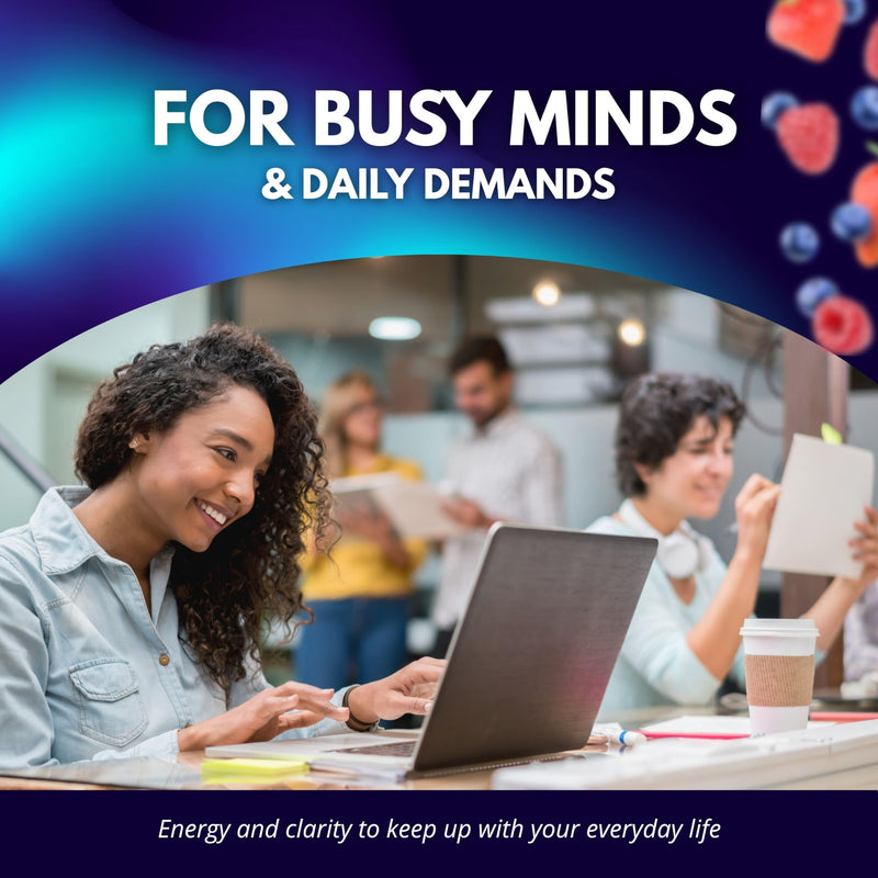 Brain Health Complete 3-in-1 Formula in 10 Liquid vials and 20 softgels, offering Daily Support for Cognitive Function, Mental Clarity, and Nervous System Health.