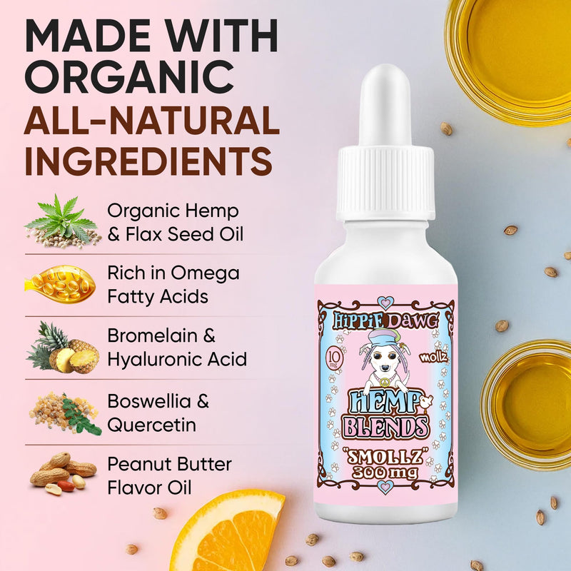 Hippie Dawg Smallz Hemp Oil for Small Dogs (5-25 lbs) - Advanced Hip and Joint Support with Glucosamine, Collagen, Bromelain & Omega 3 6 9 - Natural Pet Tincture for Mobility & Comfort - 1oz