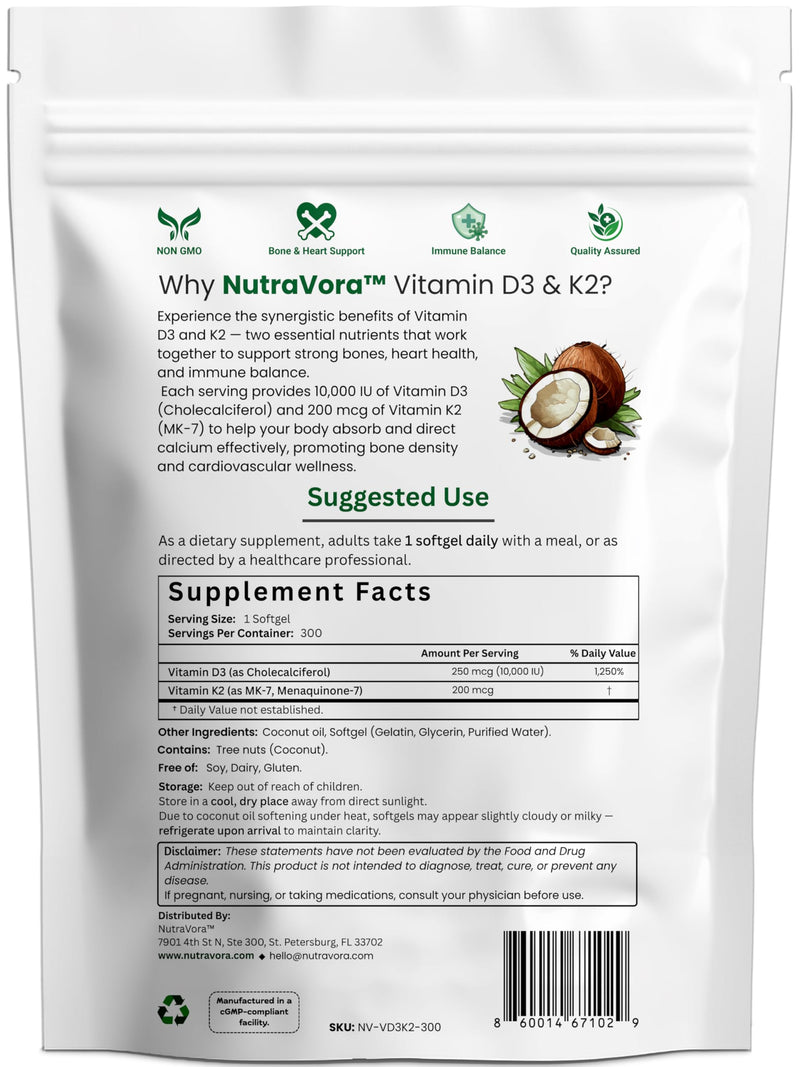 Vitamin D3 K2, 10,000 IU D3 + 200 mcg K2 MK-7, 300 Softgels | 10,000 IU Vitamin D3 + 200 mcg Vitamin K2 MK-7 per serving; Enhanced with Coconut Oil; Non-GMO, Gluten-Free