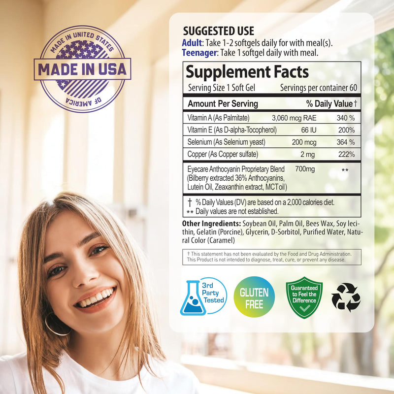 NANOWELL EyeCare Anthocyanins 100 - Eye Health Supplement with Bilberry, Zeaxanthin, Lutein, Anthocyanins, Vitamin A, E, Selenium & Copper - 60 Softgels, 60 Day Supply | Eye Health Supplement, Bilberry, Zeaxanthin, Lutein, Anthocyanins, Vitamin A, E, S...