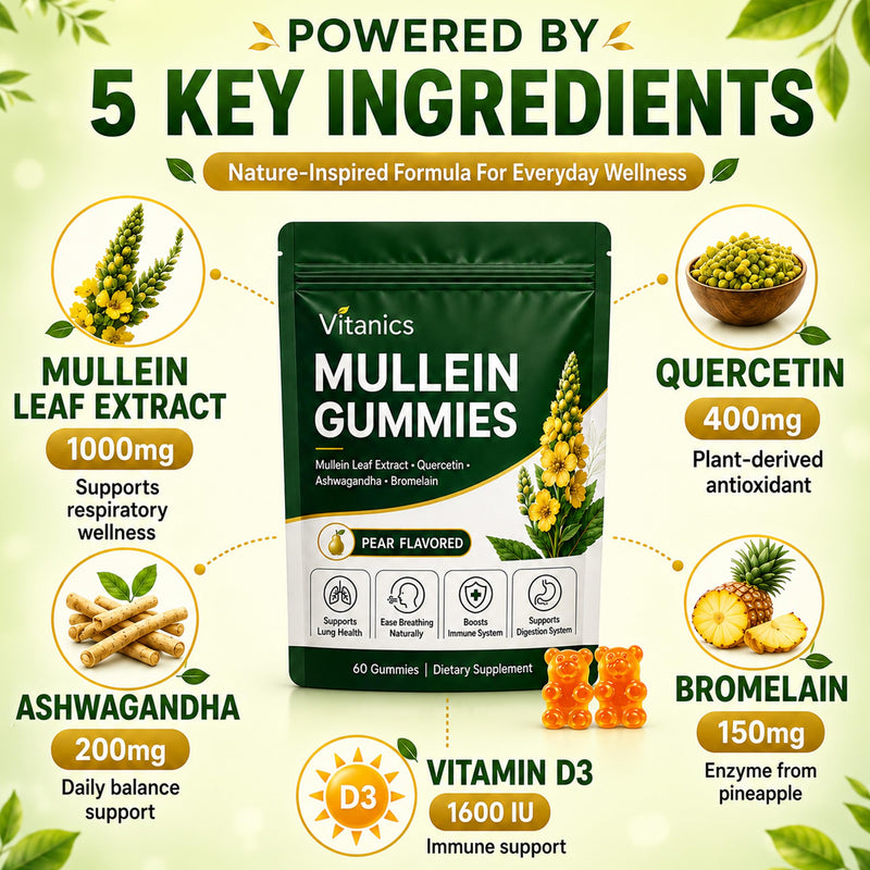 Vitanics Mullein Gummies, Mullein Leaf Extract for Lungs, Daily Respiratory Health Gummies with Quercetin, Ashwagandha, Bromelain & Vitamin D3, Lung Health & Sinus Relief, Pear Flavor, 30 Day Supply