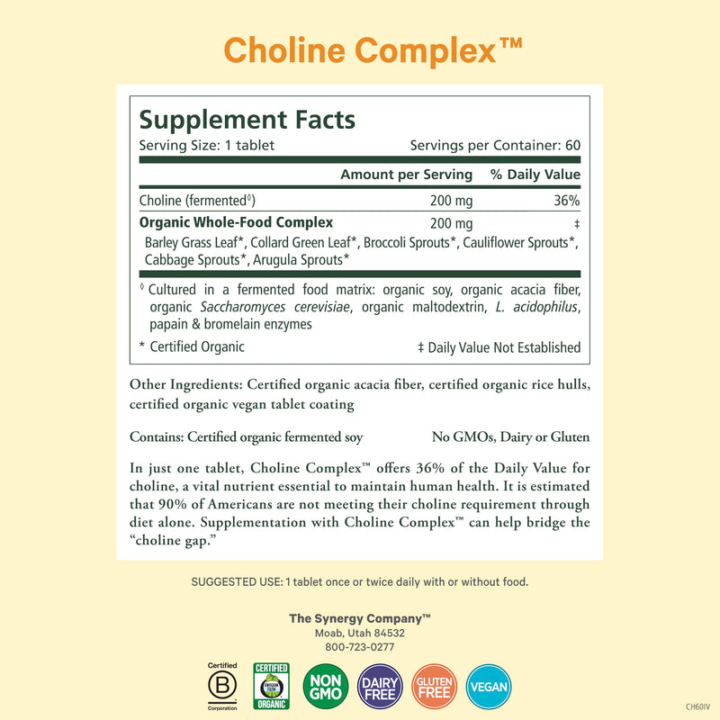 PURE SYNERGY Choline Complex Vegan Choline Supplement (60 Tablets) | Made with Organic Whole Foods, Non-GMO, Bioavailable Complex, For Pregnancy, Brain, & Liver Health