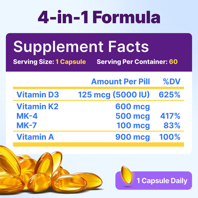 InnovixLabs D3 K2 Vitamin 5000 IU Supplement with Vitamin A (60 Softgels) (Pack of 2) 60 Count (Pack of 2)