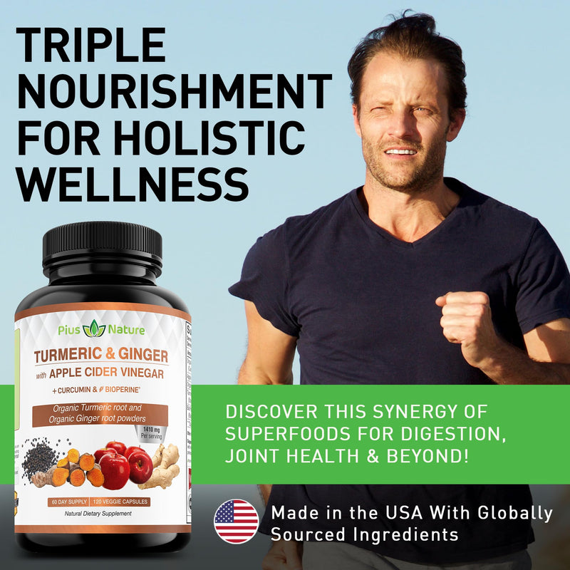 120 Capsules of USDA Organic Turmeric Root Powder, USDA Organic Ginger Powder and Apple Cider Vinegar Powder with Curcumin (95% Curcuminoids) and Bioperine, 1410 mg per Serving in Veggie Capsules 120 Count (Pack of 1) - BeesActive Australia