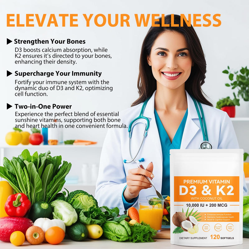 flasture Vitamin D3 K2 Supplement Softgels, 10000 IU VIT D3 + 200 MCG K2 (MK-7) | 2-in-1 Replenish Formula with Coconut Oil, Supports in Calcium Absorption, Easy to Swallow 120 Capsules. 1 Count (Pack of 120)