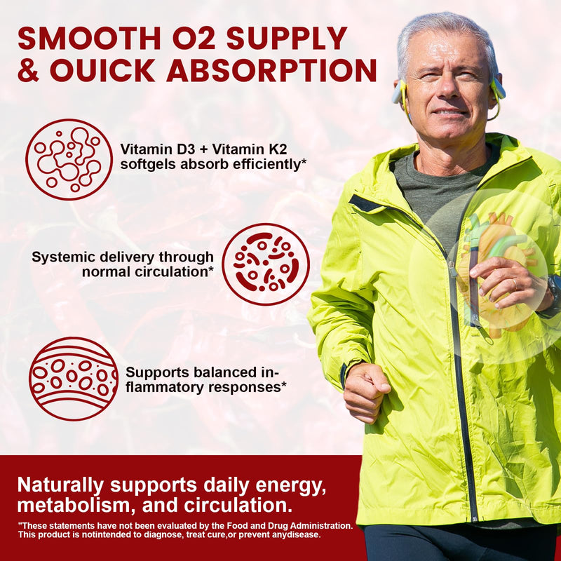 Capsicum Softgel Supplement, 12-in-1 Herbal Formula with Vitamin E, D3+K2, Grape Seed, Hawthorn, Beetroot, and Berberine, 300 Softgels