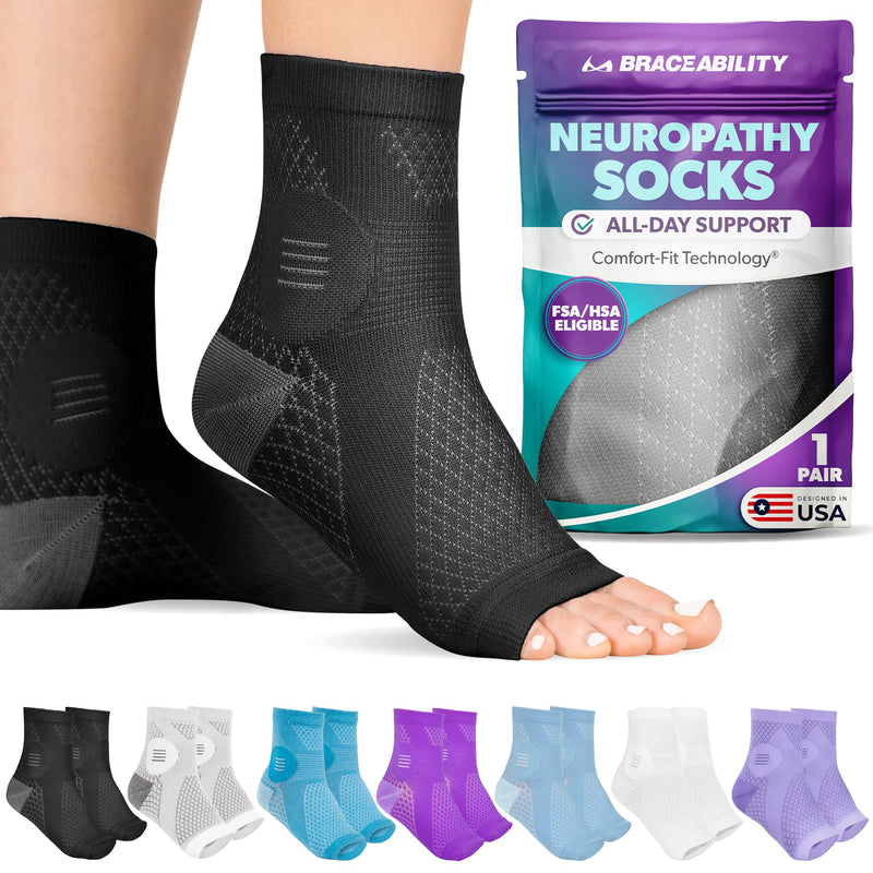 BraceAbility Neuropathy Socks (Pair) - Peripheral Neuritis Compression Diabetic Toeless Foot Sleeves for Nerve Damage Pain in Feet, Ankle Gout, Plantar Fasciitis Relief Brace for Men and Women (L - Black) Large Black - Standard - 1 Pair - BeesActive Australia