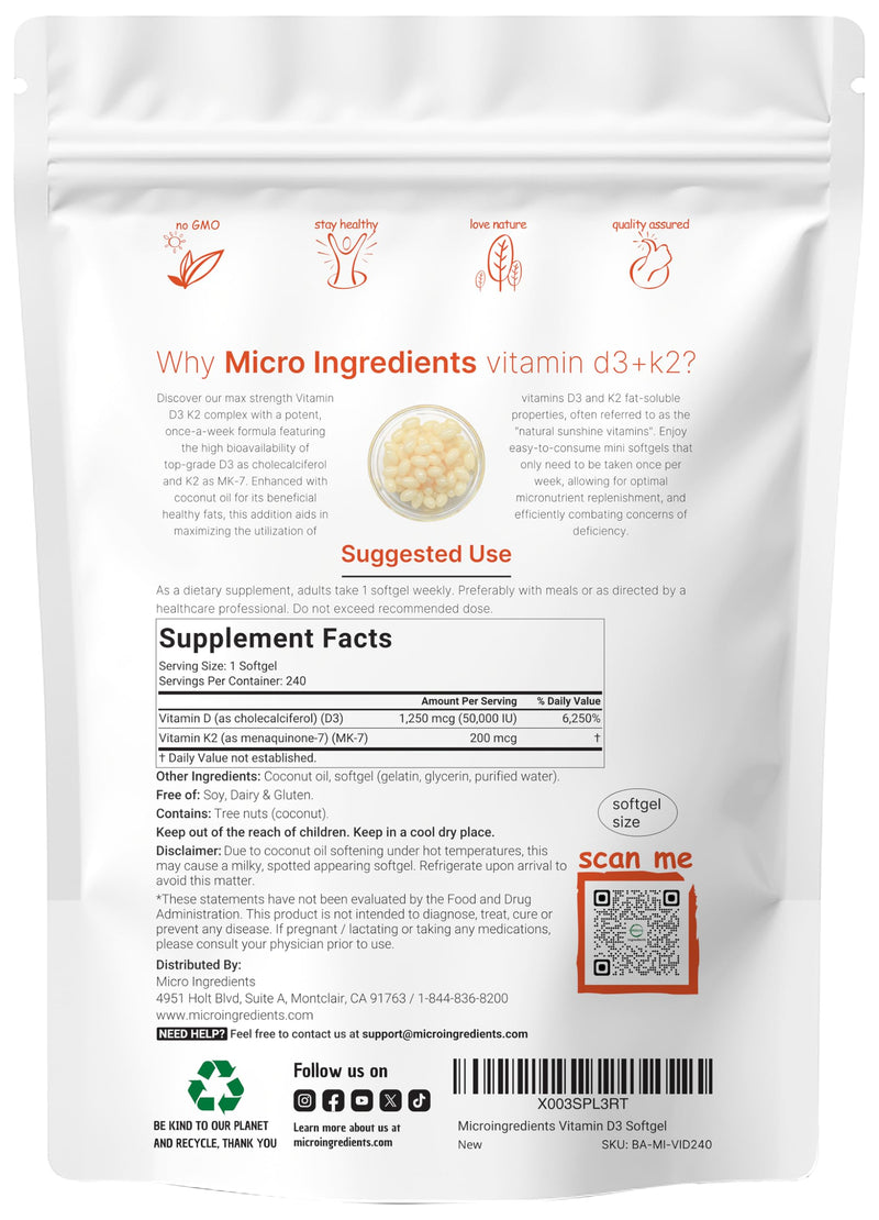 Micro Ingredients Vitamin D3 50,000 IU + K2 MK-7 200 mcg, 240 Softgels | Virgin Coconut Oil | 2-in-1 Support | Easy to Swallow, Non-GMO