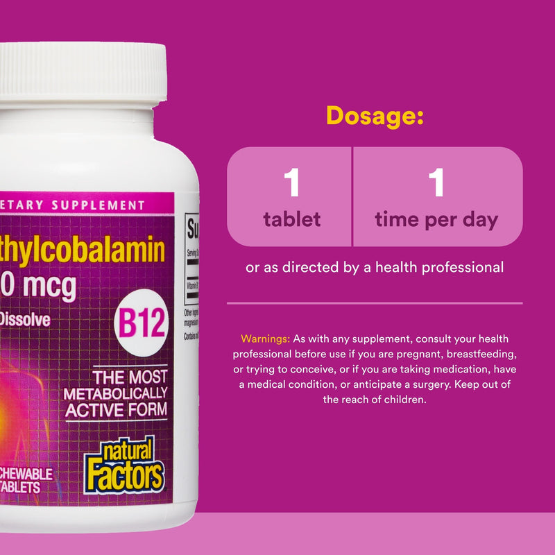 Natural Factors, Vitamin B12 Methylcobalamin 1000 mcg, Chewable Support for Energy and Immune Health, Vegetarian, Gluten Free, 90 tablets (90 servings) 90 Count (Pack of 1)
