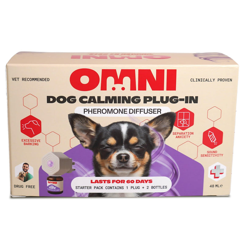 Omni Dog Calming Plug In Diffuser with Pheromones for Dogs - Inspired by Nature, Helps Calm Your Dog from Separation Anxiety, Fireworks, Travel or Tension, Covers 700 Sq Ft, Diffuser & x2 48ml Refills Calming Plug In Diffuser + 2x Refill