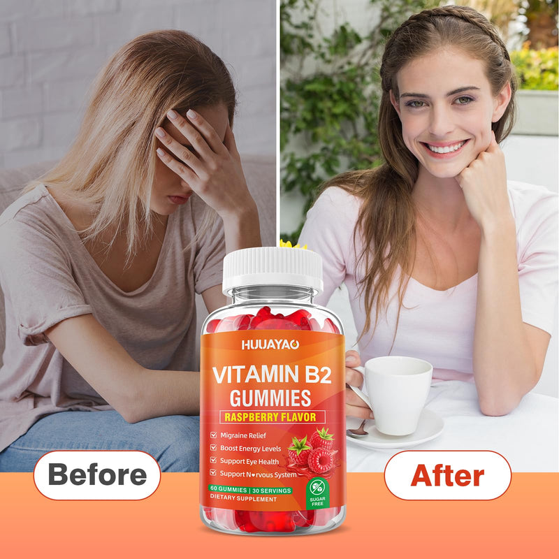 Vitamin B2 Gummies, Riboflavin Supplement with Magnesium for Kids & Adults, B2 Gummies for Migraine Relief & Nervous System Support, Vegan, Sugar-Free, Raspberry Flavor, 120 Count 120 Count (Pack of 1)