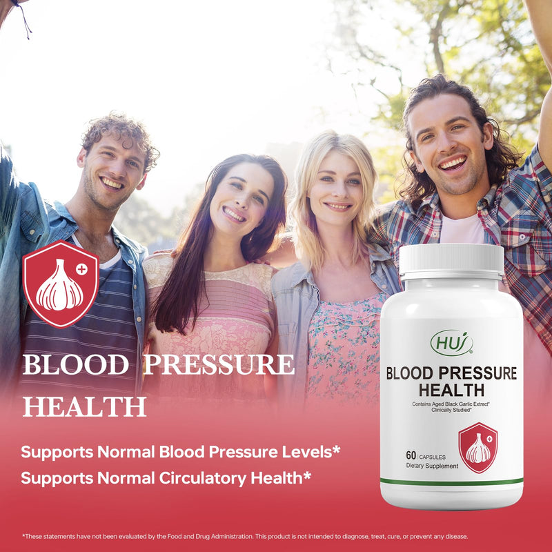 HUJ Blood Pressure Health Supplement, Plant-Based Formula with Black Garlic, Hawthorn, Beetroot, L-Arginine, L-Citrulline, 60 Capsules