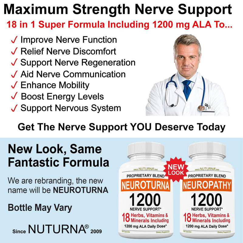 Neuroturna Support Supplement with 1200 mg Pure Alpha Lipoic Acid - Maximum Strength Formula with ALA + Vitamins + Minerals + Herbs - Best Natural Support - 180 Capsules