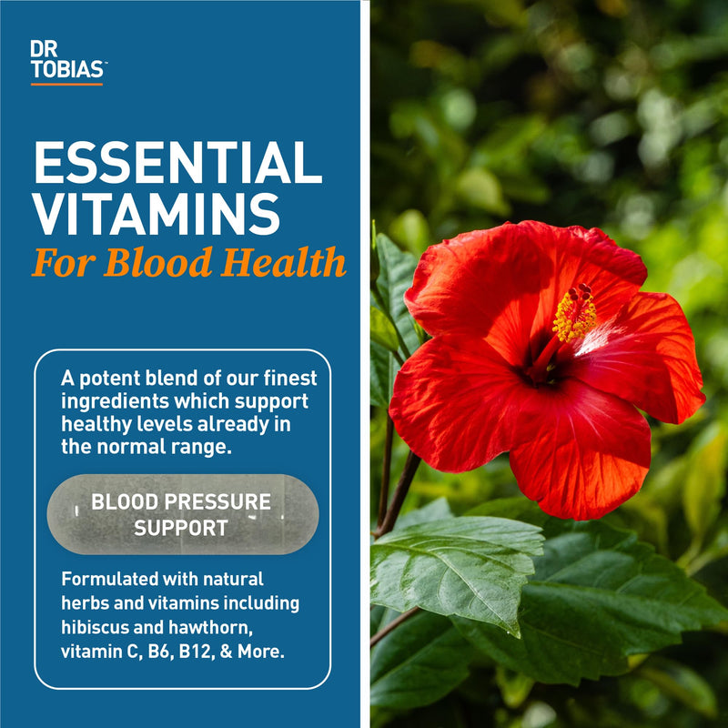 Dr. Tobias Blood Pressure Support Supplement 90 Capsules | Circulatory & Heart Health Support | Hawthorn + Hibiscus + Olive Leaf + Garlic | Vitamins B6, B12 & C