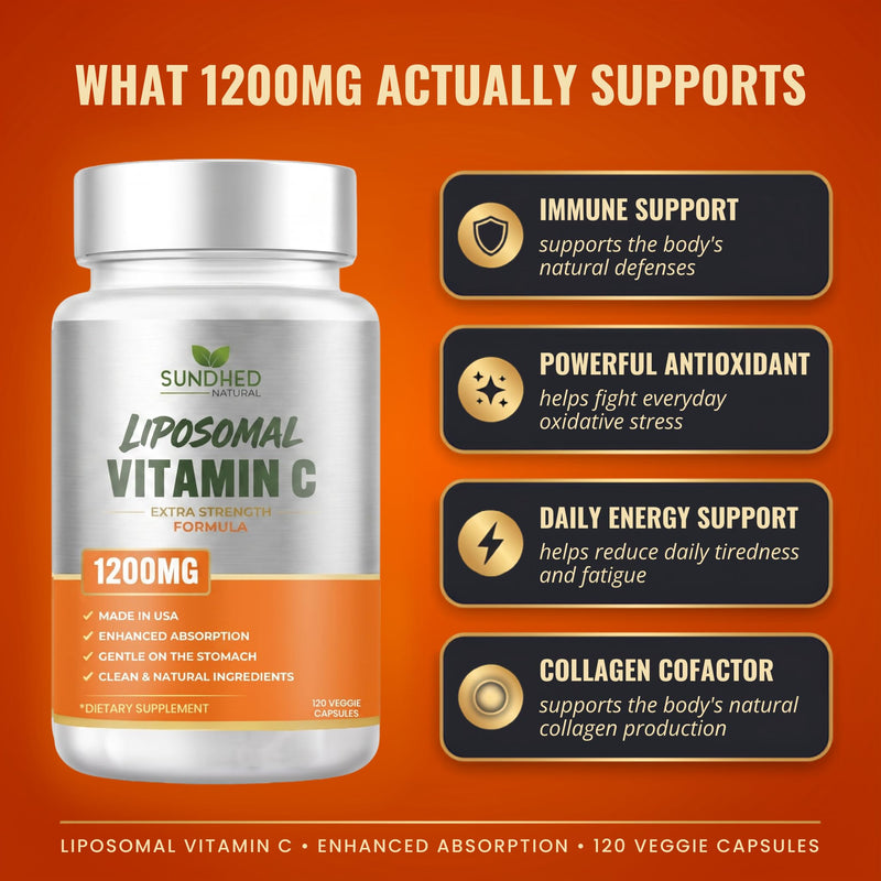 Pure Liposomal Vitamin C - 1200mg Immune System & Collagen Health Booster, Anti Aging Skin Vitamins, Sodium Ascorbate, Sunflower Lecithin (120 Capsules / 2 Months) 120 Count (Pack of 1)
