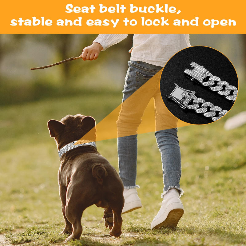 1PCS Dog Collar Diamond Cat Chain Collar Puppy Chain Dog Cuban Link Collar 12mm Wide Metal Pet Cat Dog Chain Pet Crystal Collar Jewelry Accessories for Large Medium Small Dogs Cats (8.66 Inch)(Silver) silver - BeesActive Australia