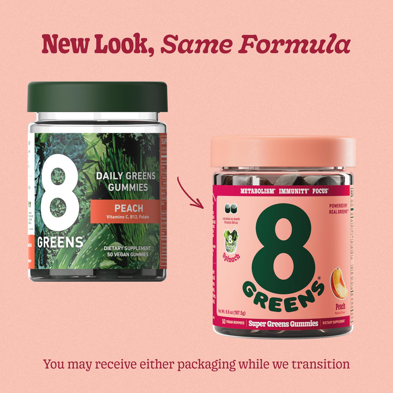 8Greens Daily Greens Gummies, Peach, 100 Count | Spinach, Wheatgrass, Blue Green Algae, Spirulina, Aloe Vera, Chlorella, and Barley Grass; For Metabolism, Immunity & Focus 100 Count (Pack of 2)