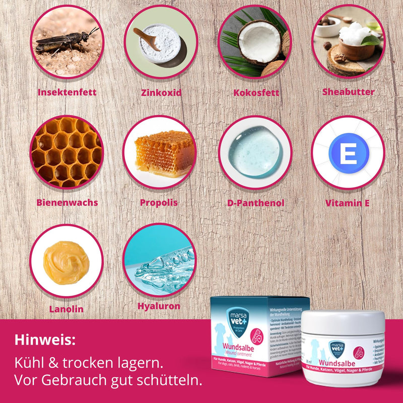 Marsavet+ 30ml wound ointment for dogs, cats, birds, rodents, horses and more. Zinc, propolis, hyaluronic acid and D-panthenol - promotes healing and prevents skin inflammation. Premium quality. - BeesActive Australia