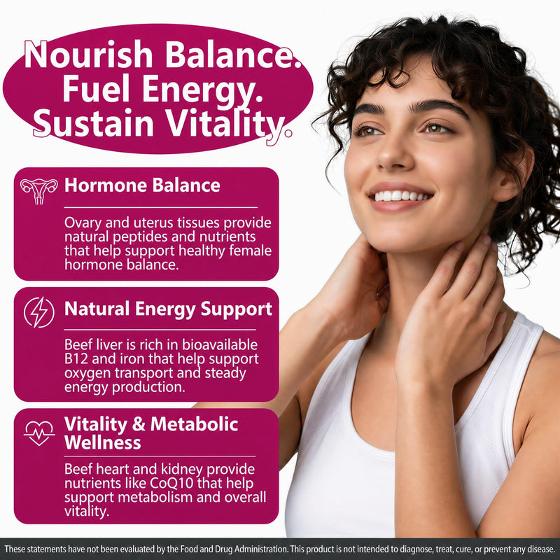 5-in-1 Beef Organ Supplement for Women, 1000mg, 90 Capsules | Grass-Fed Beef Liver Capsules with Ovary, Uterus, Kidney & Heart, New Zealand Beef Organs, Female Wellness & Energy Support