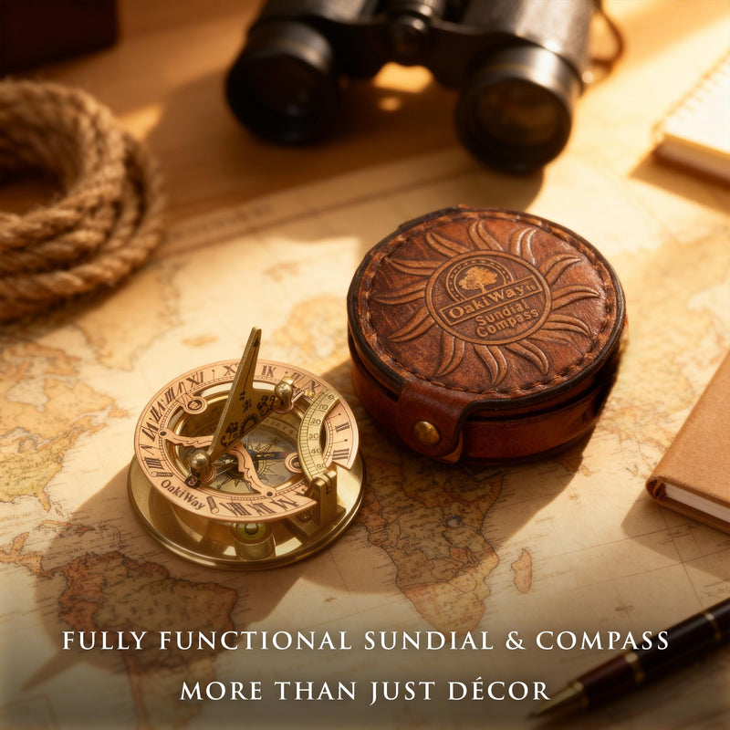 OakiWay Brass Sundial Compass in Leather Case - Nautical Gifts for Men, Antique Sailing Anniversary Gadget for Him, Unusual Unique Nautical Decor, Naval Maritime Pocket Watch Clock (2.7" Inch) 2.7" Inch Diameter
