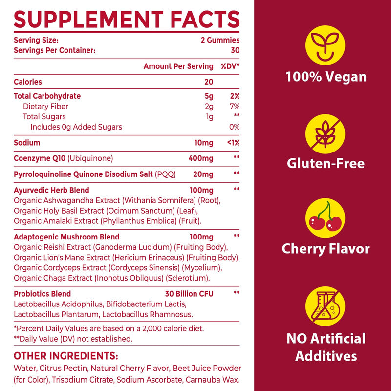 CoQ10 Gummies with PQQ - 400 MG Coenzyme Q10 High Potency, Enhanced with Ayurvedic Herbs, Adaptogenic Mushroom Blend & Probiotics for Heart, Brain, Energy, Immunity, Cherry Flavor, 120 Vegan Gummies 60 Count (Pack of 2)
