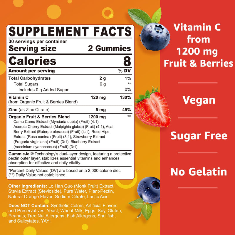 2 Pack - Organic Vitamin C Gummies 120mg for Adults, Sugar Free, Daily Immune Defense, Raw Antioxidant, 100% Whole Food Chewable Vitamin C Supplement from 1200mg Berries & Fruits for Collagen, Vegan 60 Count (Pack of 2)