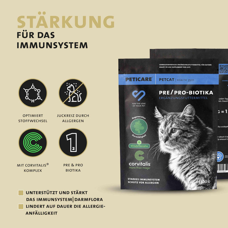 Peticare Cat Prebiotics & Probiotics | Strengthen the immune system, cleanse the intestines, build intestinal flora | relieves allergy susceptibility & itching | with innovative Corvitalis® complex - petCat Health 3501 100 g - BeesActive Australia