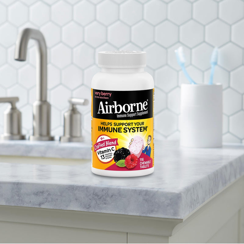 Airborne 1000mg Vitamin C with Zinc, Immune Support Supplement with Powerful Antioxidants Vitamins A C & E - 116 Chewable Tablets, Very Berry Flavor 116 Count - BeesActive Australia