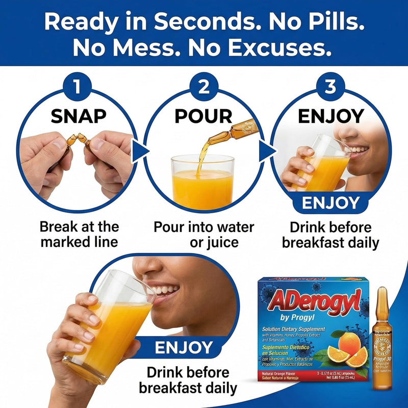 Aderogyl Oral Liquid Vitamins with A, C, D, E, Zinc, Bee Honey, Propolis, and Botanical Extracts with Orange Flavor - Immune Support Supplement - Includes 5 Ampoules