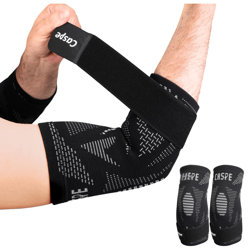 Caspe 2 Pack Elbow Compression Sleeve with Strap – Compression Sleeves for Women & Men, Arm Support, Elbow Brace for Tendonitis Relief, Support for Weightlifting & Workouts (Black) Large