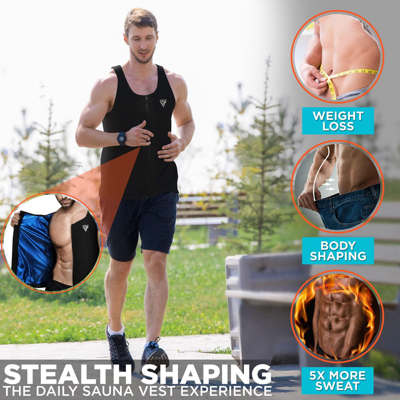 RDX Men Sauna Vest, Sweat Workout Shirt, Waist Trainer, Corset, Compression Body Shaper Zipper and Seamless Black Zipper Medium