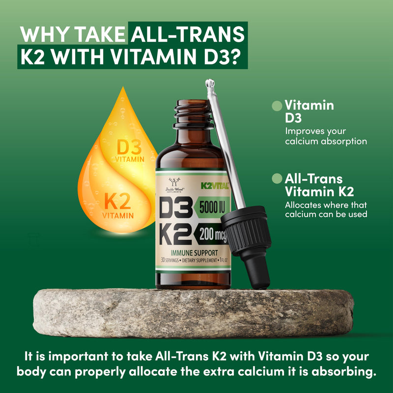 Vitamin D3 K2 5,000 IU Liquid Drops (5,000 IU of D3 and 200mcg of 99.9% All-Trans Patented K2 MK-7 (K2Vital)) Max Absorption Liquid Vitamin D Drops (30 Servings) by Double Wood (Pack of 2) 1 Fl Oz (Pack of 2)