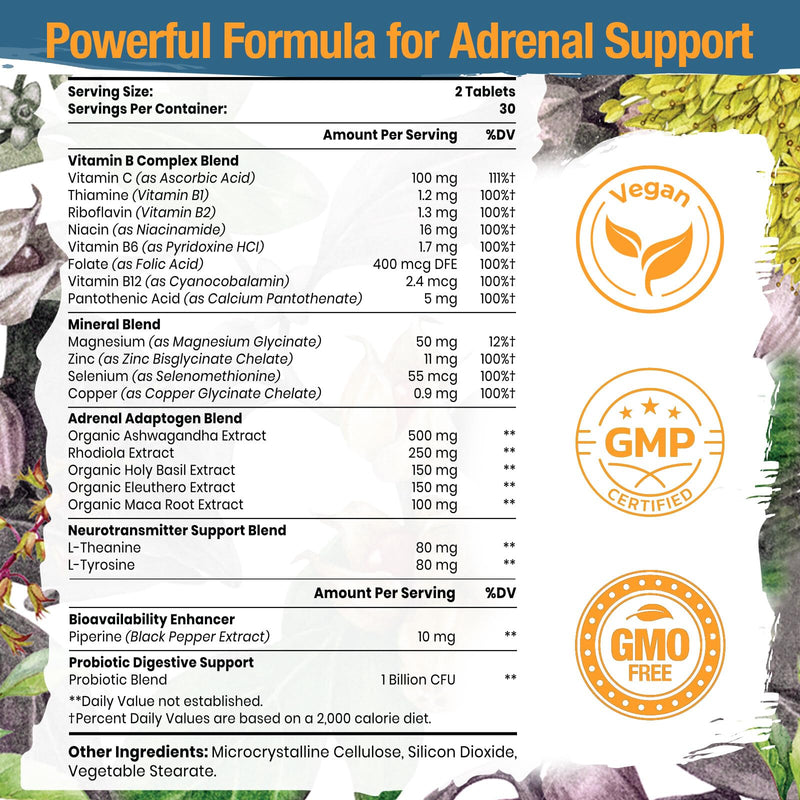 Adrenal Support Adaptogens Herbs Supplements - Cortisol Supplement with Rhodiola Rosea, Ashwagandha, Holy Basil and Eleuthero-Mood and Energy Support for Women & Men-Non-GMO, 60 Vegan Tablets 60 Count (Pack of 1)