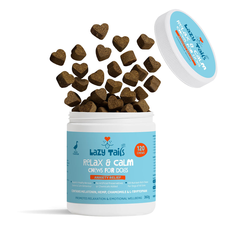 Relax & Calming Treats for Dogs – 120 Soft Dog Chews – Helps Fear, Barking, Aggression, Fireworks & Travel – Natural Duck Flavor Calming Dog Treats for All Breeds & Sizes