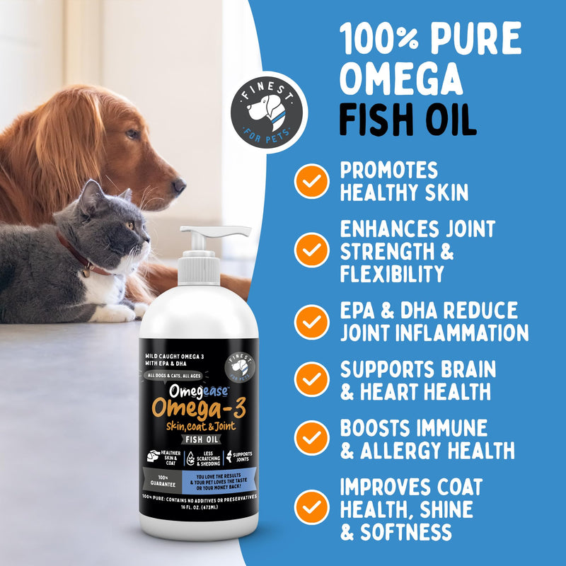 100% Pure Fish Oil for Dogs & Cats (1,545mg Omega 3 per Teaspoon) 8oz. Loaded with EPA & DHA for Joints, Skin & Coat, Itching, Heart & Immune Health. Stronger Than Salmon Oil. Unflavored Omegease. 8 Fl Oz