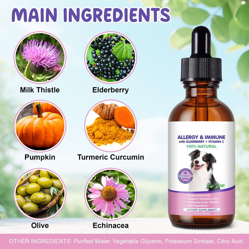 Dog Allergy Relief 60ml, Allergy Relief Drops for Dogs, Dog Skin Allergy & Itch Relief Effective, Natural Pet Supplement with Mutivitamins, Immune Support